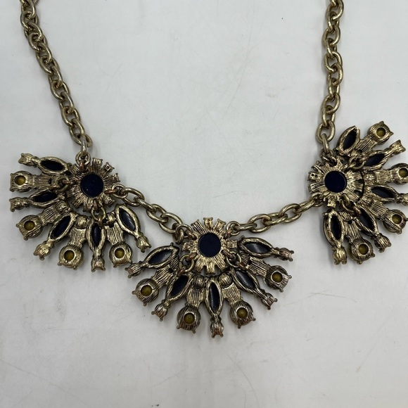 J. Crew Navy Blue and Clear Rhinestone Triple Fan Statement Bib Necklace - Picture 15 of 16